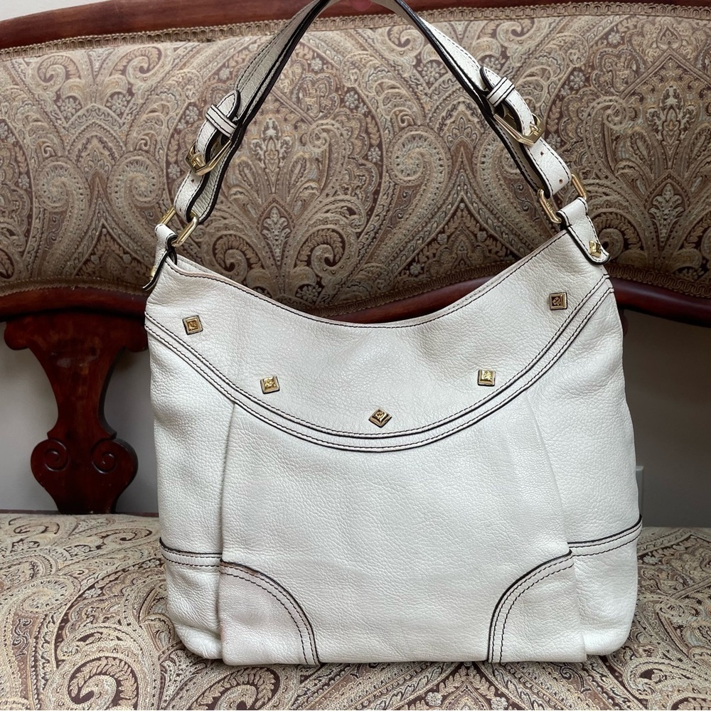MCM Cream Pebbled Leather Y2K 00s Studded Shoulder Hobo Bag Authentic w/ COA